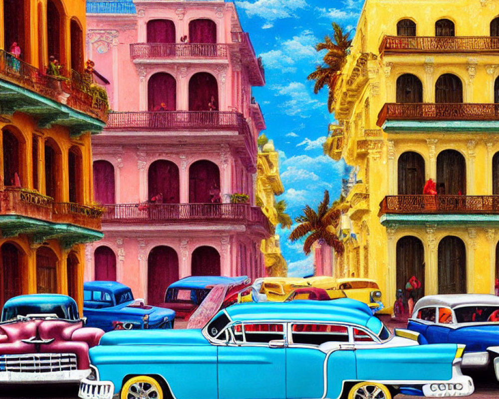 Vibrant vintage cars in front of pastel colonial buildings