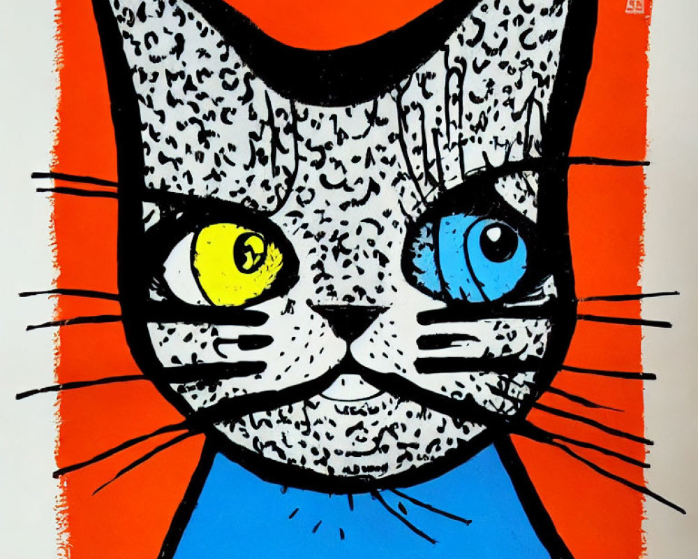 Colorful Pop Art Style Cat with Speckled Face and Mismatched Eyes on Orange Background