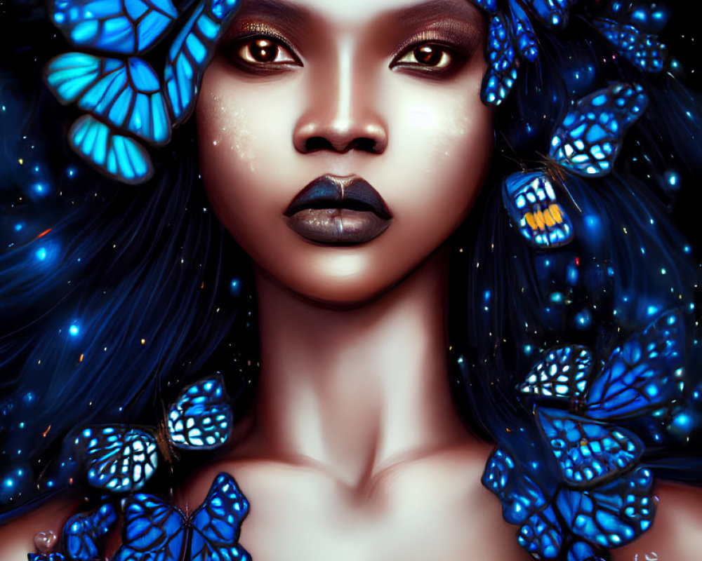 Portrait of woman with dark hair and blue butterflies in starry night.