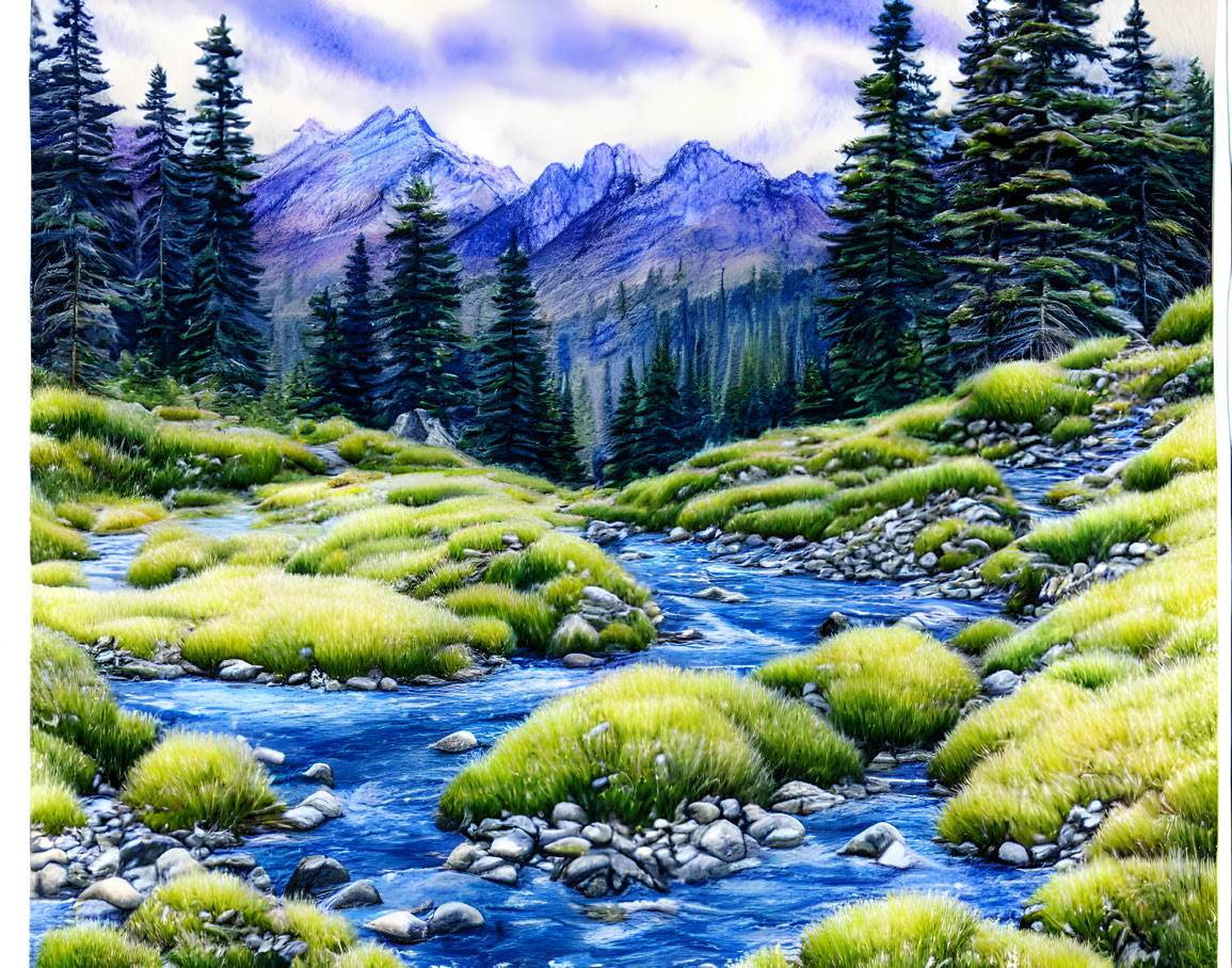 Serene river landscape painting with pine trees and mountains