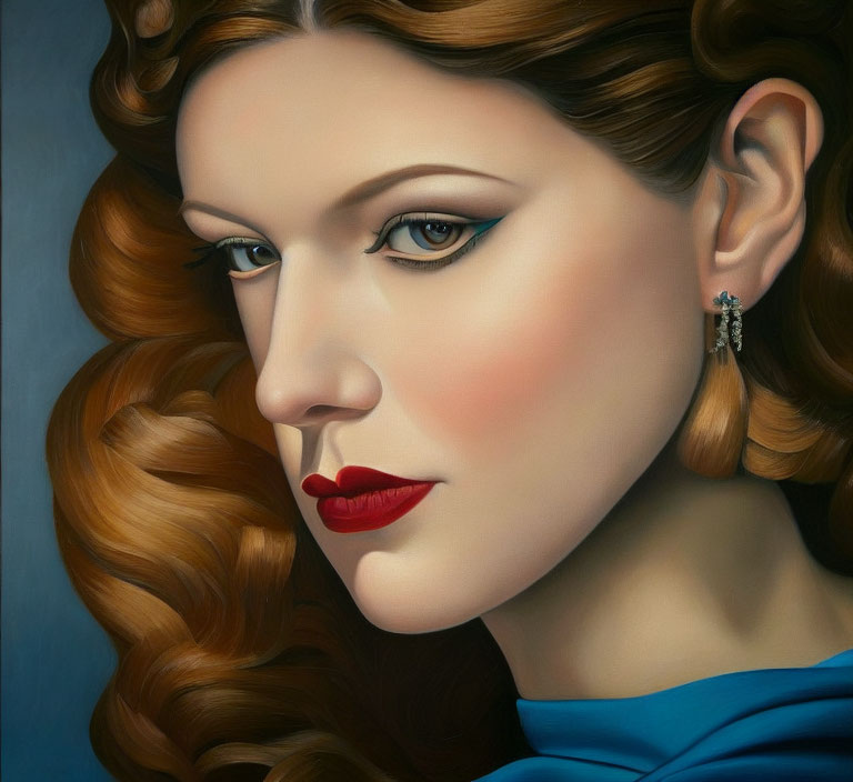 Realistic painting of woman with wavy hair and blue eyes