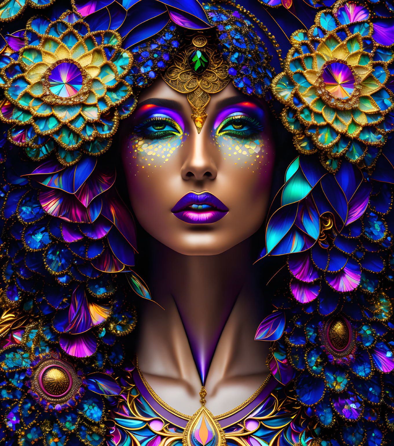 Colorful digital artwork of a woman with jeweled headdress and makeup in blue, gold, and