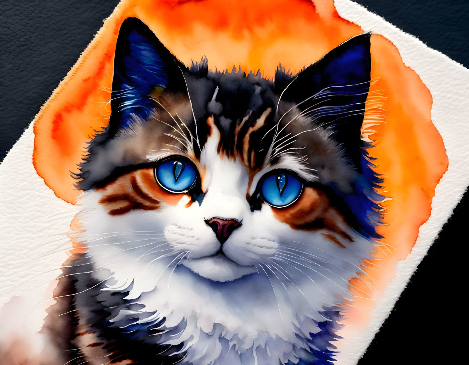 Vivid digital painting of a cat with blue eyes and colorful fur on orange backdrop