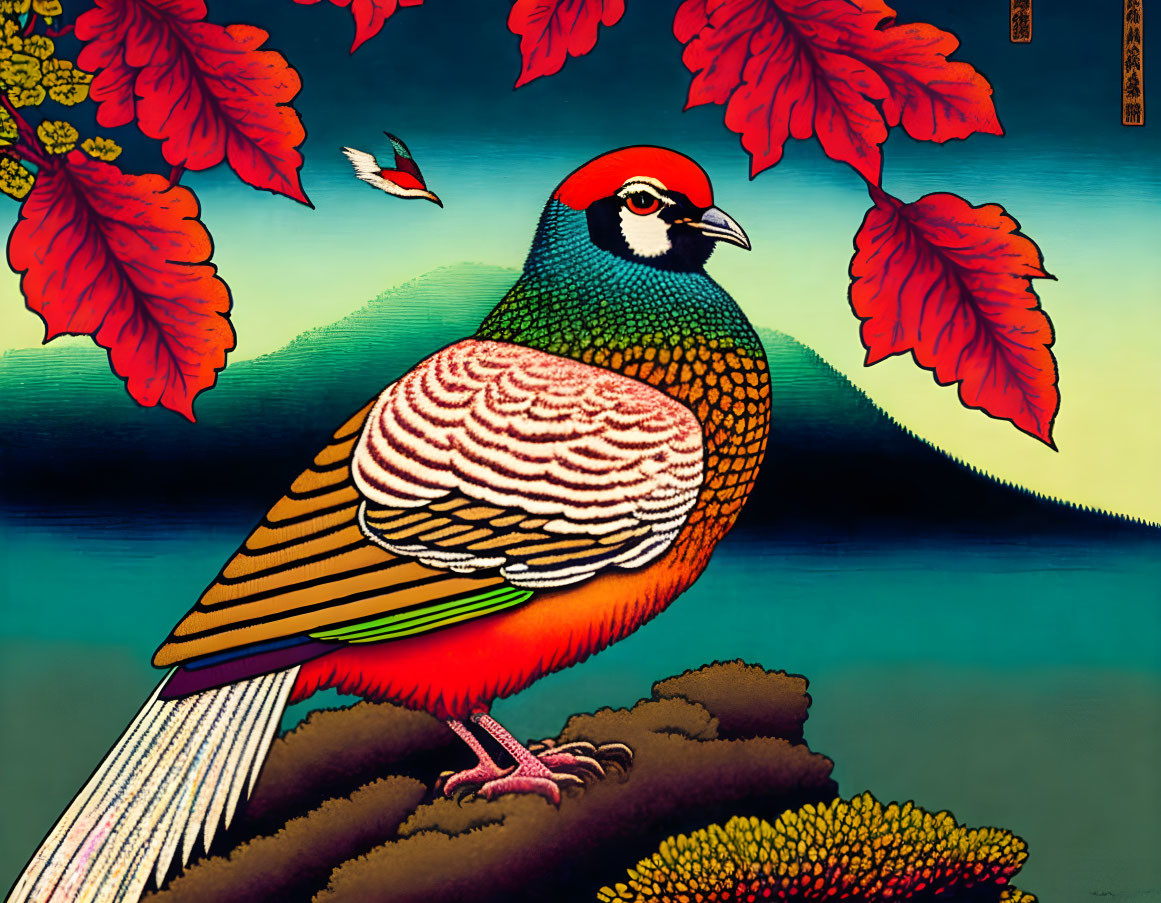 Colorful bird illustration perched on foliage with red branches in serene blue landscape