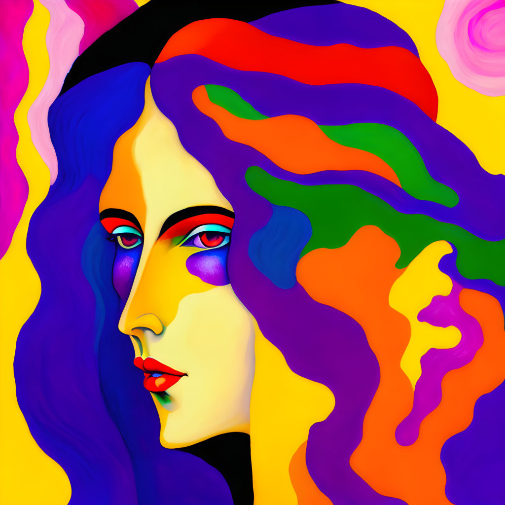 Colorful woman with flowing hair and bold makeup on yellow backdrop