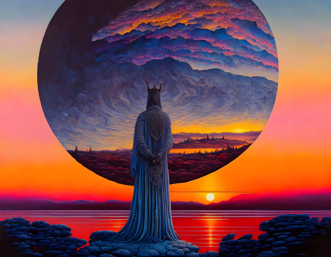 Knight in armor gazes at surreal moon over water at sunset