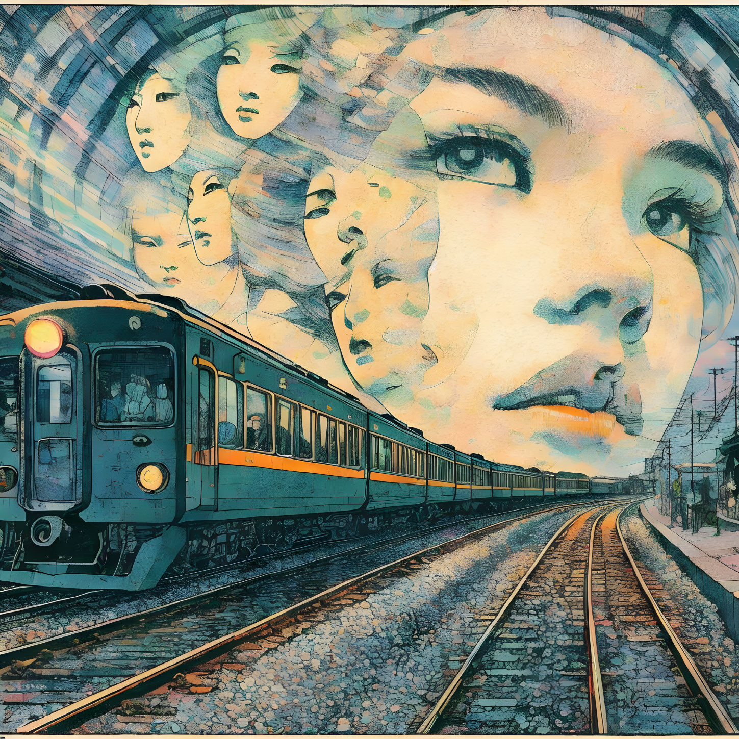 Train Arriving at Station with Large Woman's Face Mural