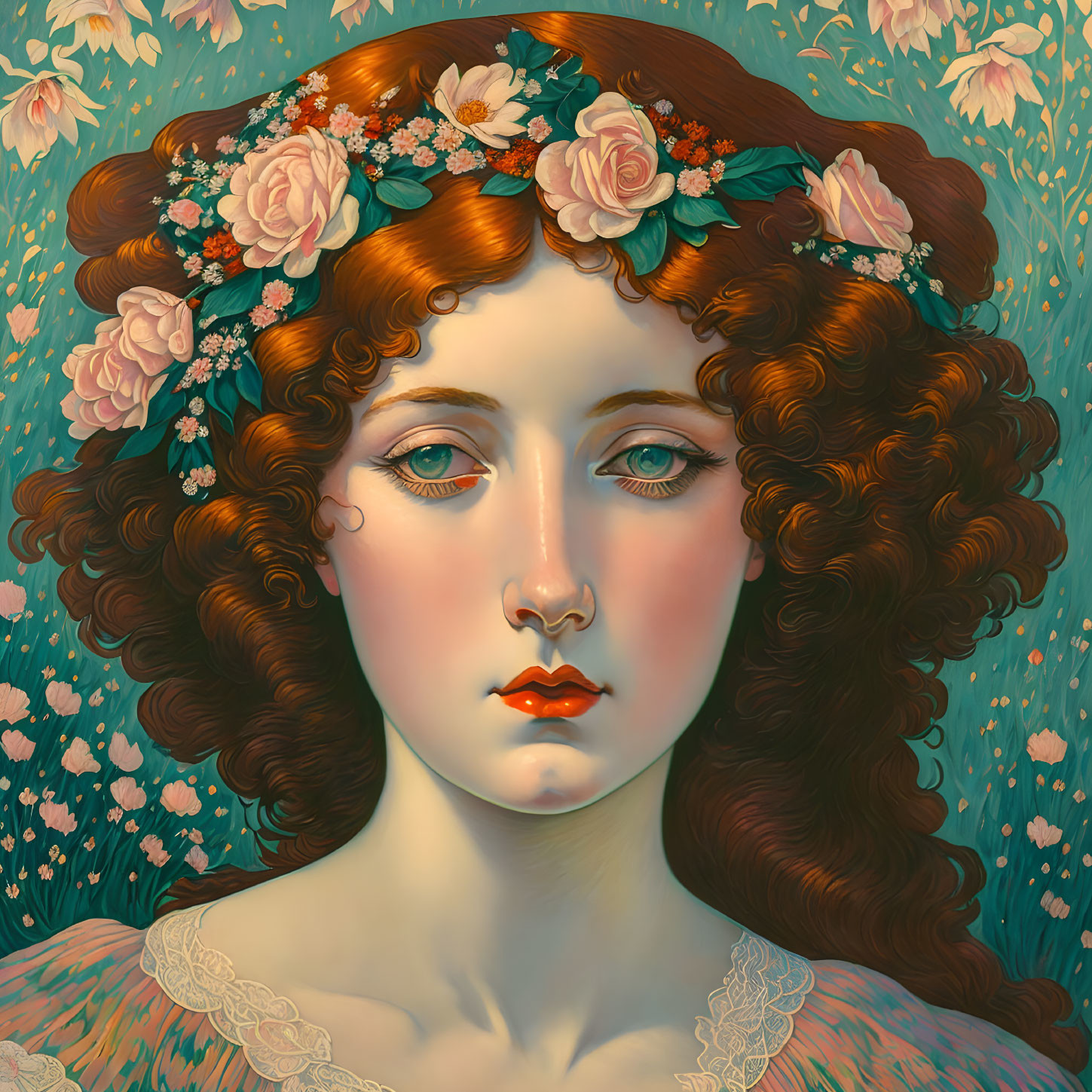 Stylized portrait of woman with auburn hair, floral wreath, pink flowers on teal