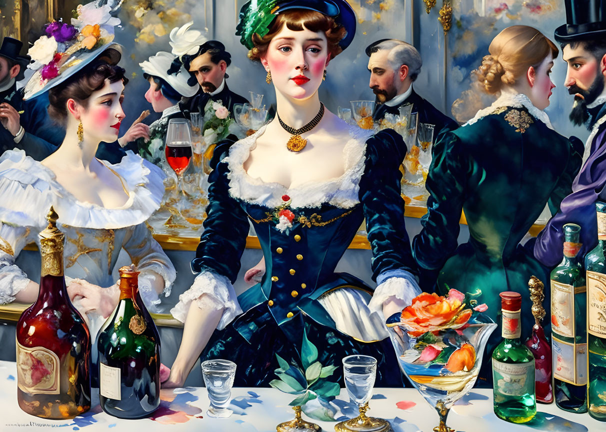 Victorian-era gathering with elegantly dressed women and men enjoying wine and conversation