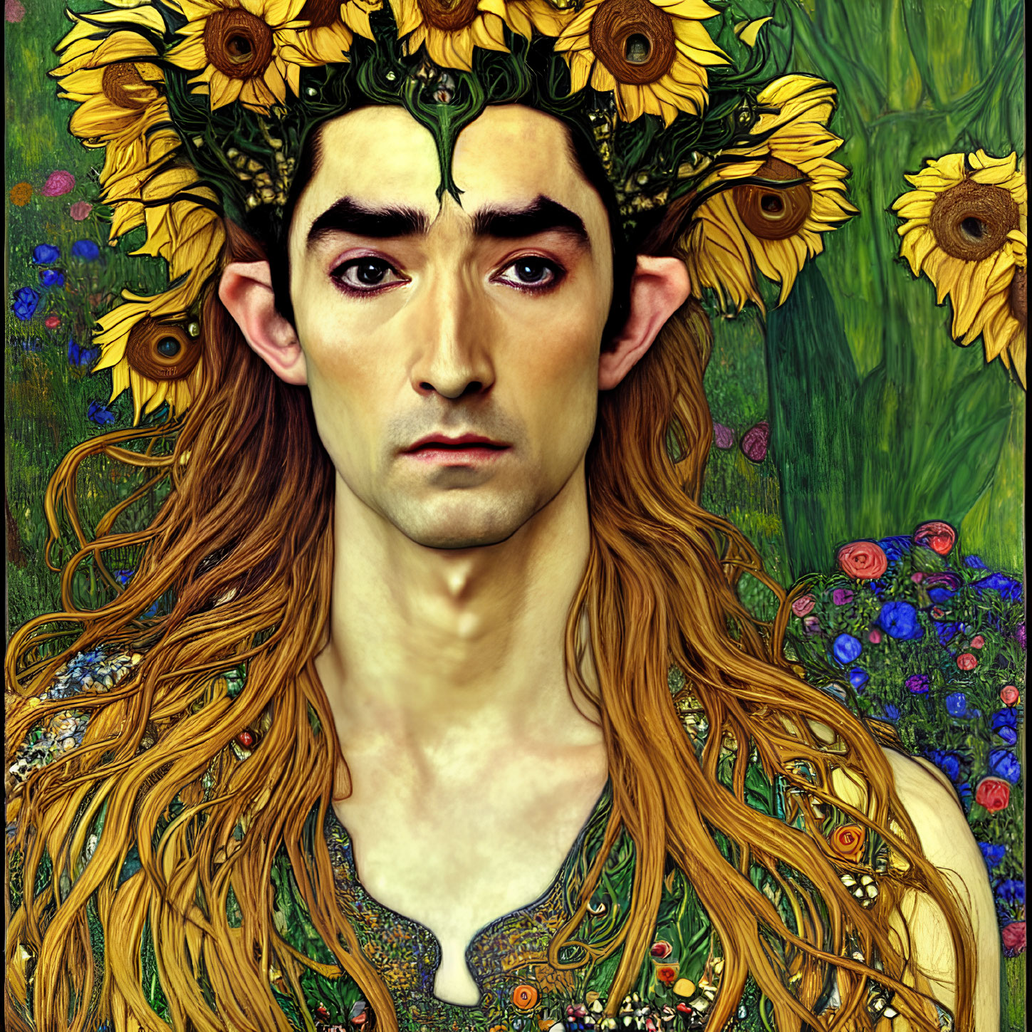 Person wearing sunflower crown and floral outfit in vibrant floral backdrop