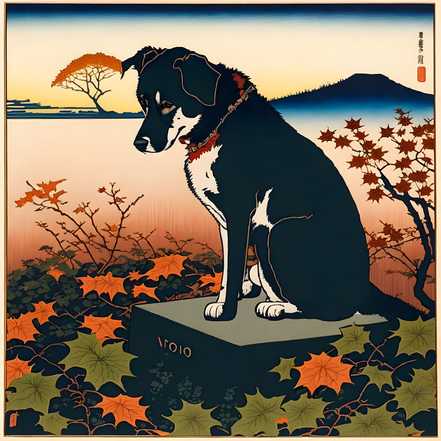 Monochrome dog illustration on pedestal in autumn setting