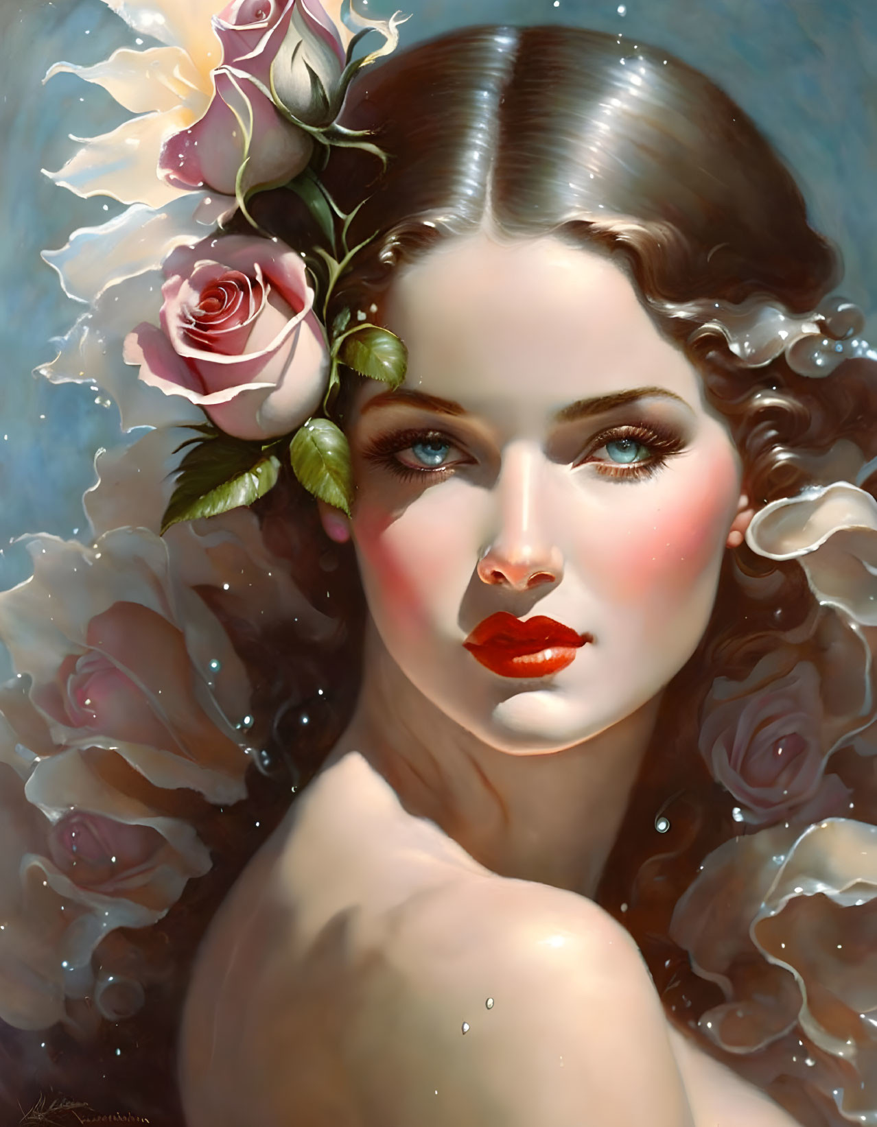 Portrait of woman with fair skin, blue eyes, wavy brown hair, adorned with roses, on