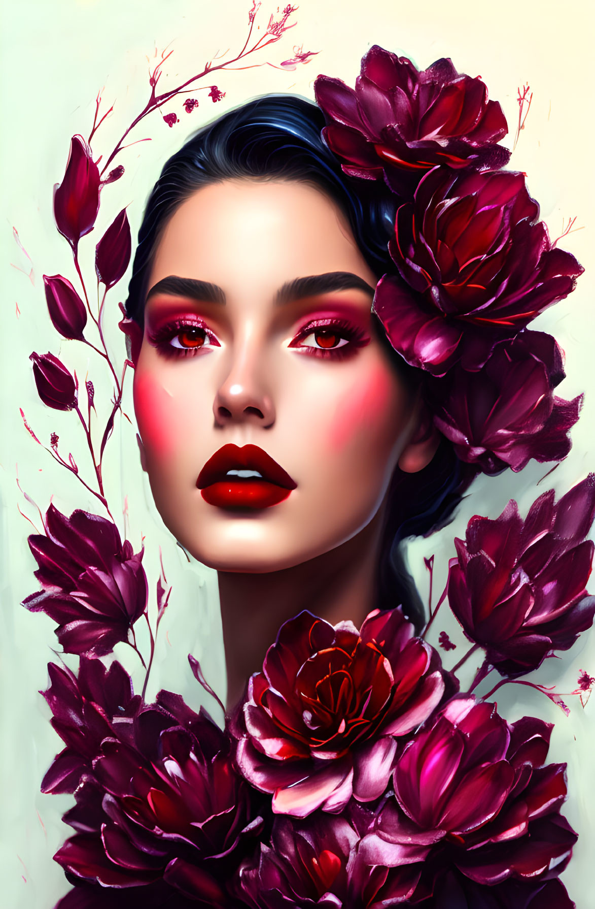 Digital artwork featuring woman with dark hair, vivid makeup, and red flowers on pale background