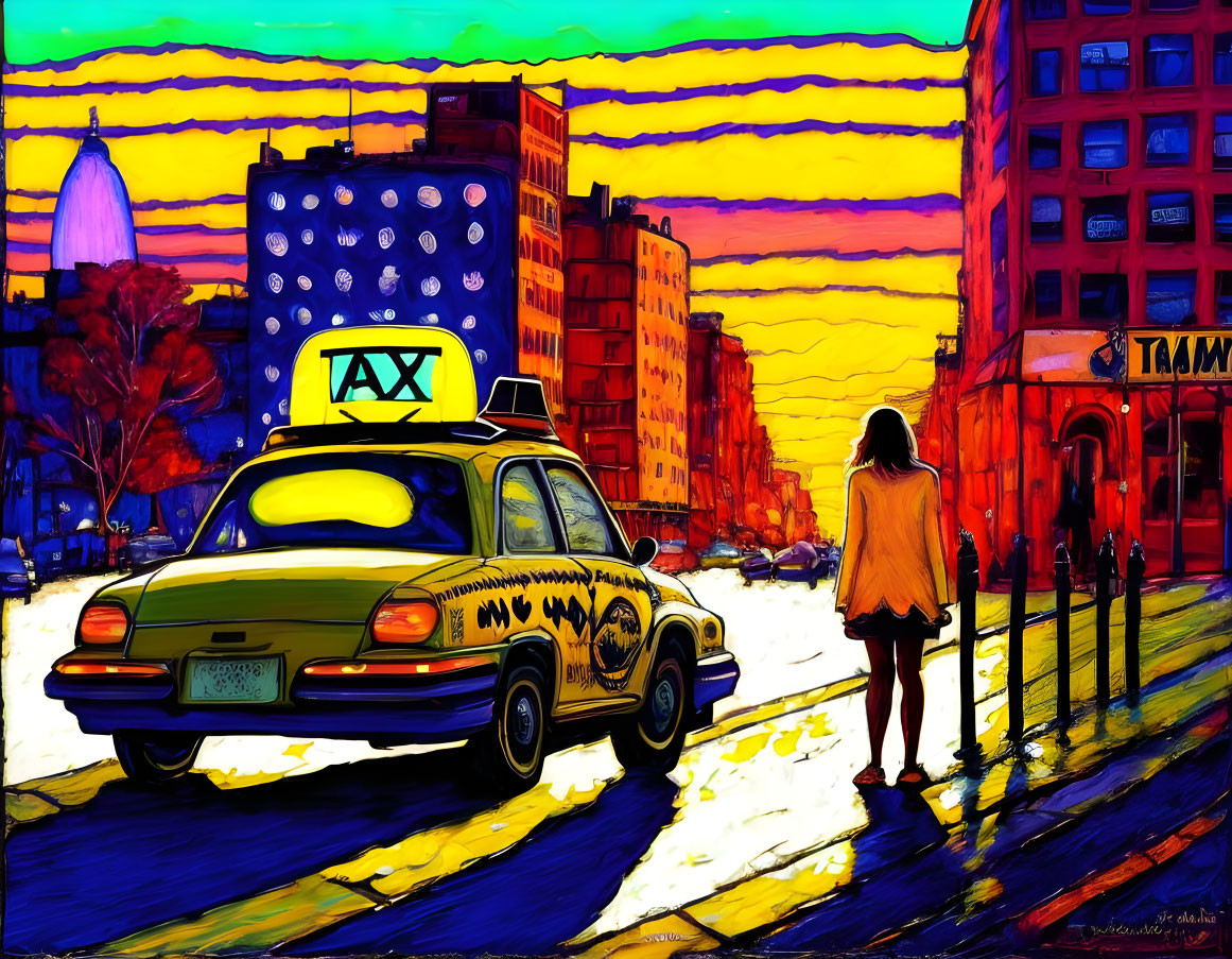 Colorful Digital Art: Woman, Taxi, City Street, Sunset