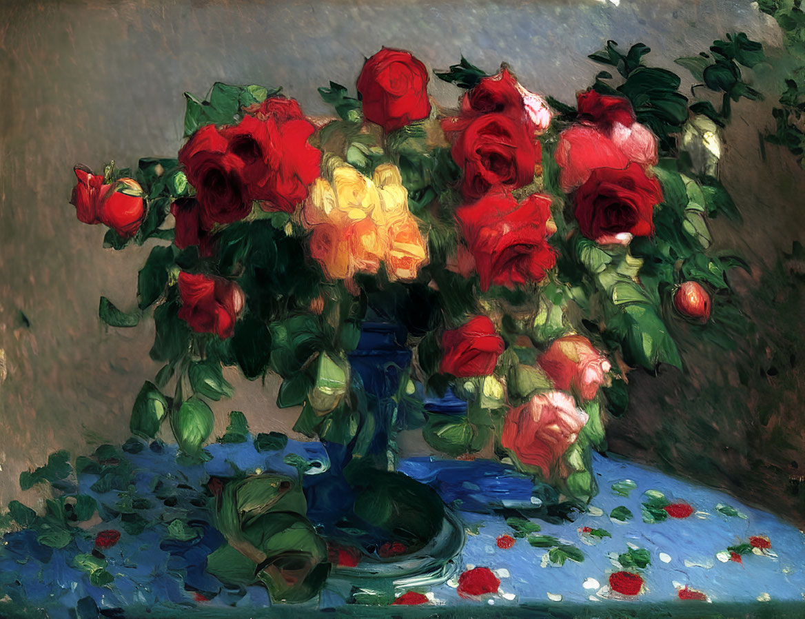 Colorful oil painting of red and yellow roses in blue vase on muted background