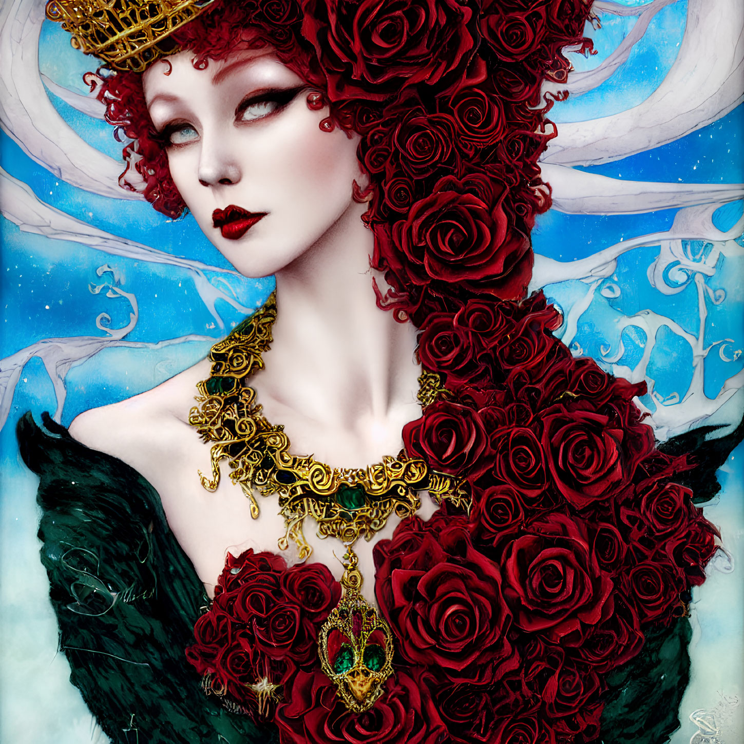 Illustrated woman with pale skin, red lips, crown of red roses, golden jewelry, and dark