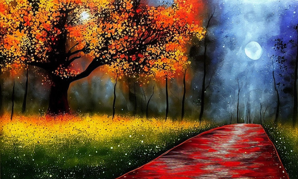 Colorful autumn forest painting with red path, full moon, and starry sky