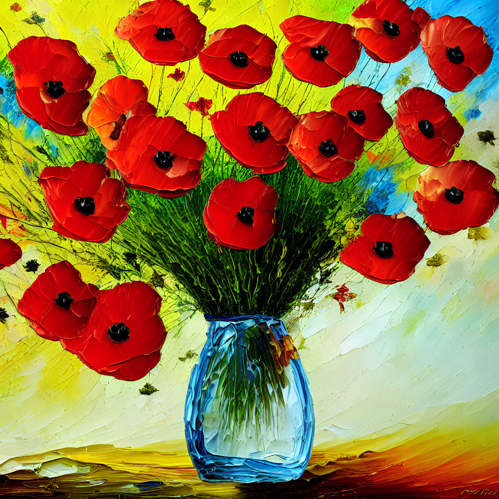 Colorful painting of red poppies in blue vase with thick paint creating textured effect on yellow background