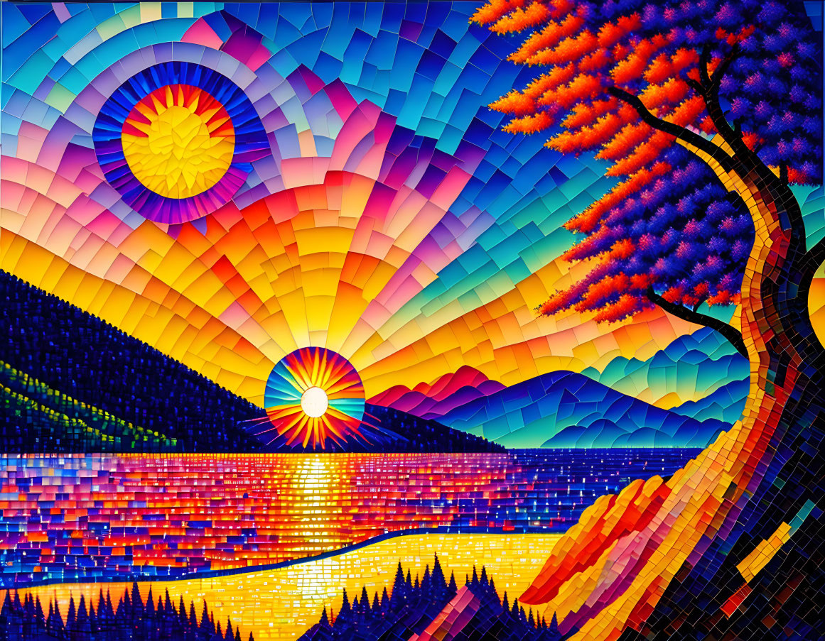 Colorful mosaic artwork of sun setting over mountain landscape