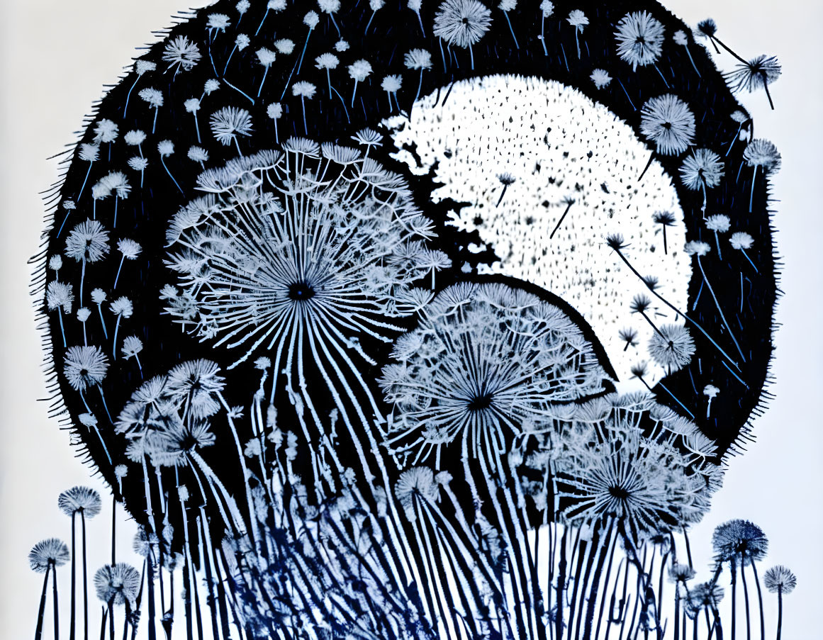 Monochromatic artwork of stylized dandelion seeds and flowers in circular moon pattern