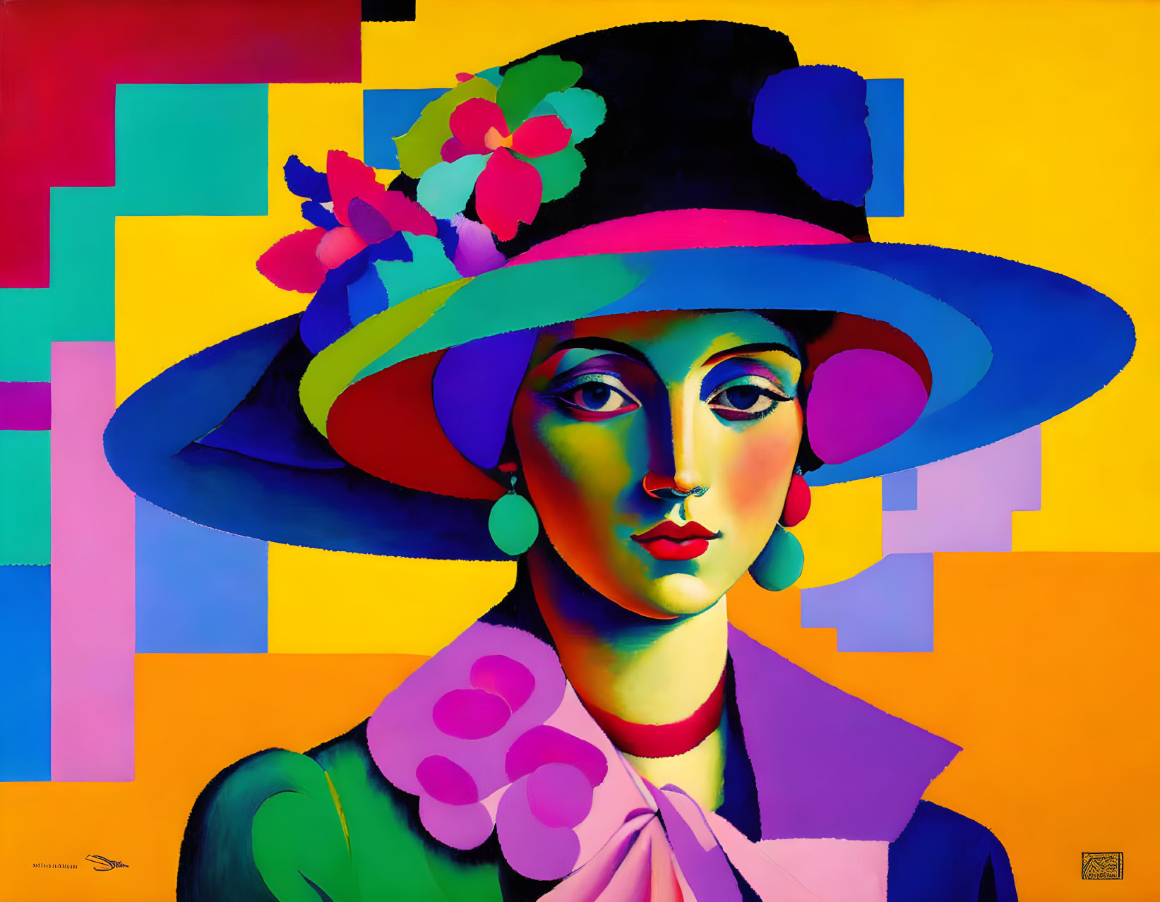 Vibrant portrait of a woman in floral hat on geometric backdrop