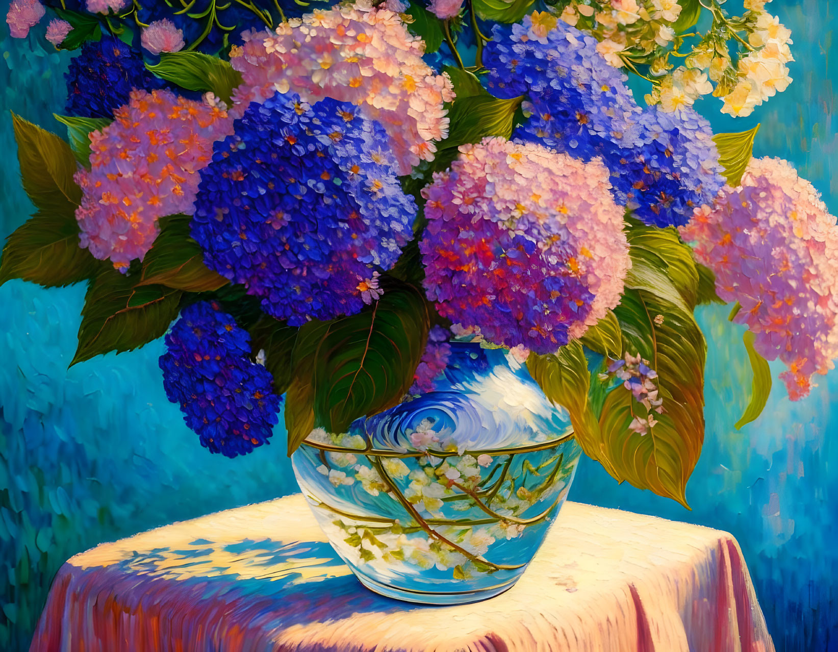 Colorful Hydrangeas in Vase on Table with Patterned Cloth and Blue Background