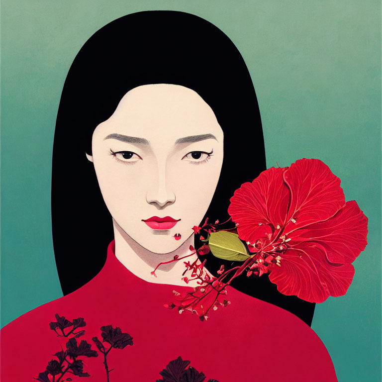 Illustration of woman with pale skin and dark hair in red floral outfit with hibiscus flower