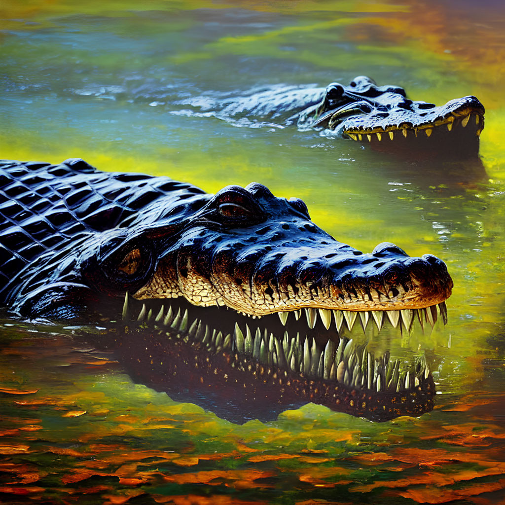 Two Crocodiles with Sharp Teeth in Autumn Reflection