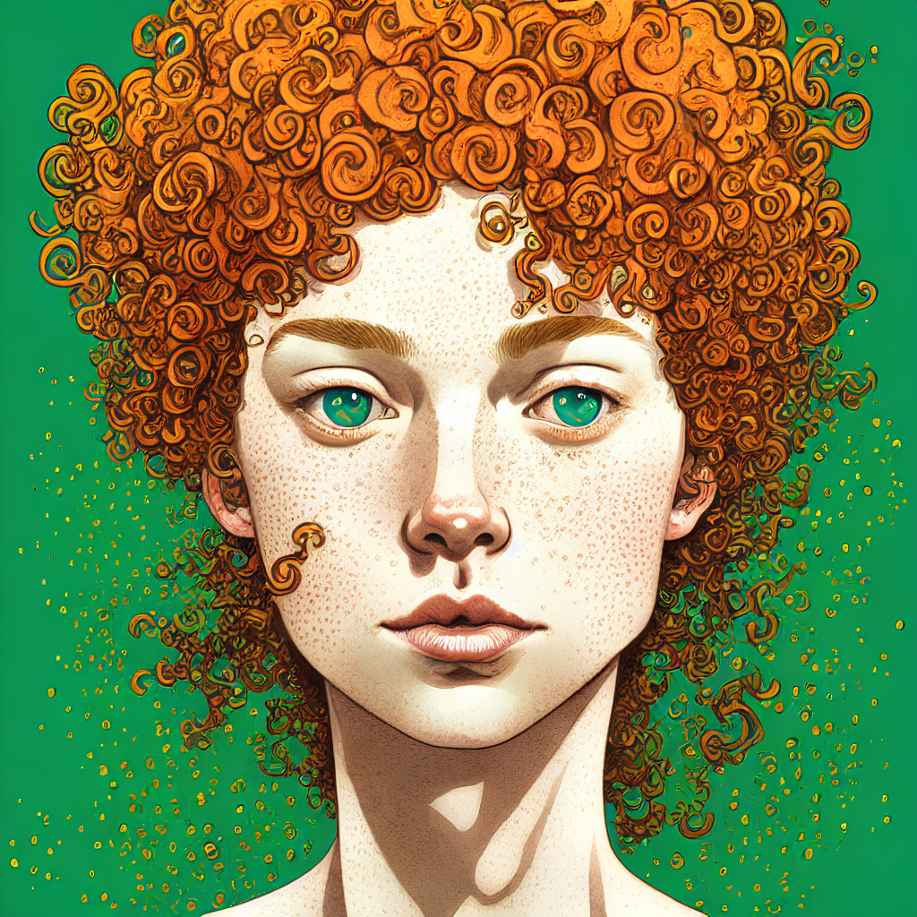 Detailed Illustration: Vibrant Curly Red Hair & Freckles on Green Background