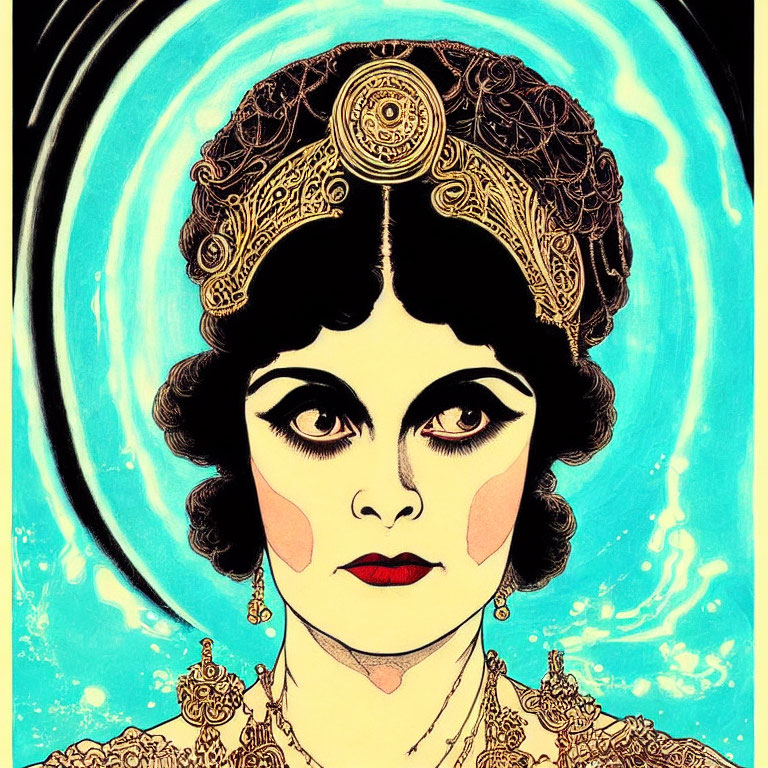 Stylized illustration of woman with dark hair and decorative headdress on blue and yellow background