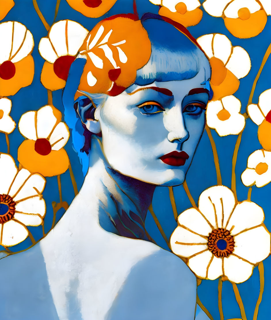 Person portrait with blue skin, red lips, and floral background.