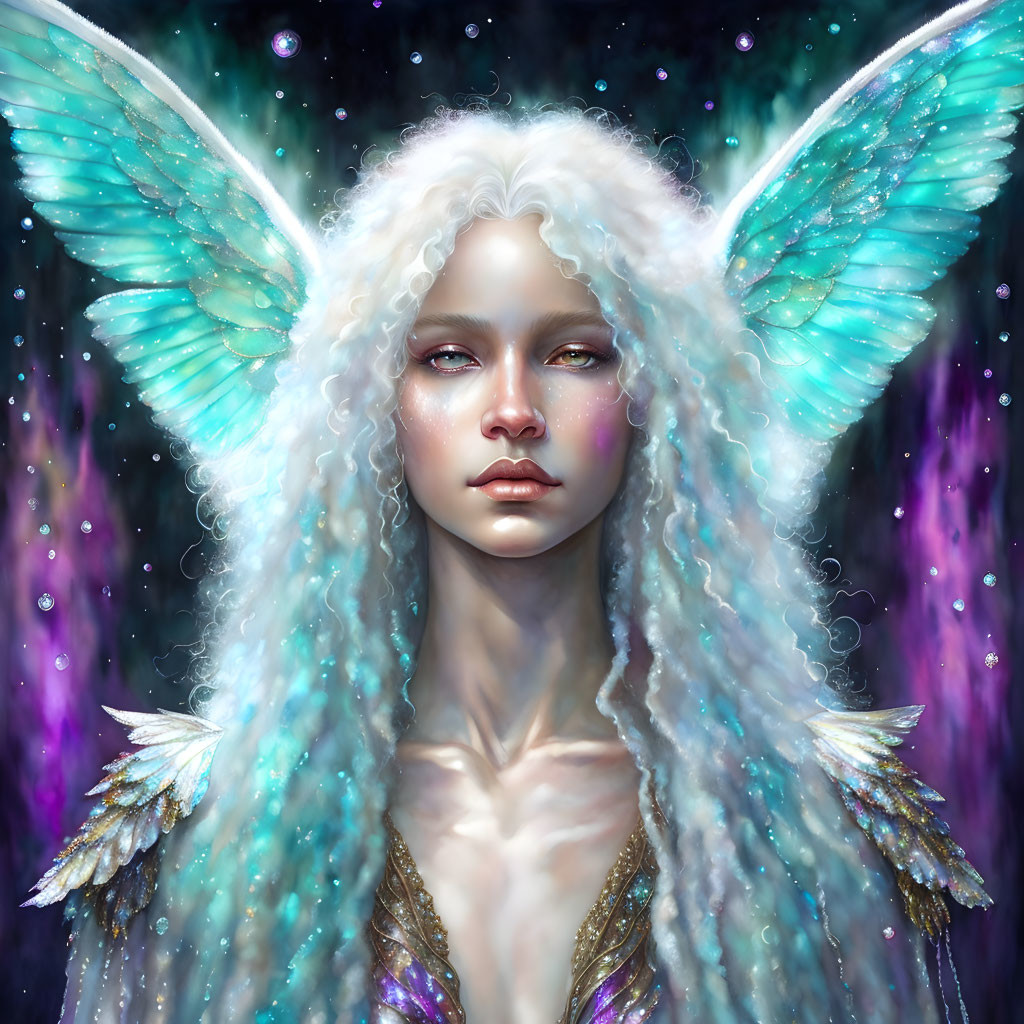 Fantasy illustration: Woman with blue butterfly wings and space backdrop