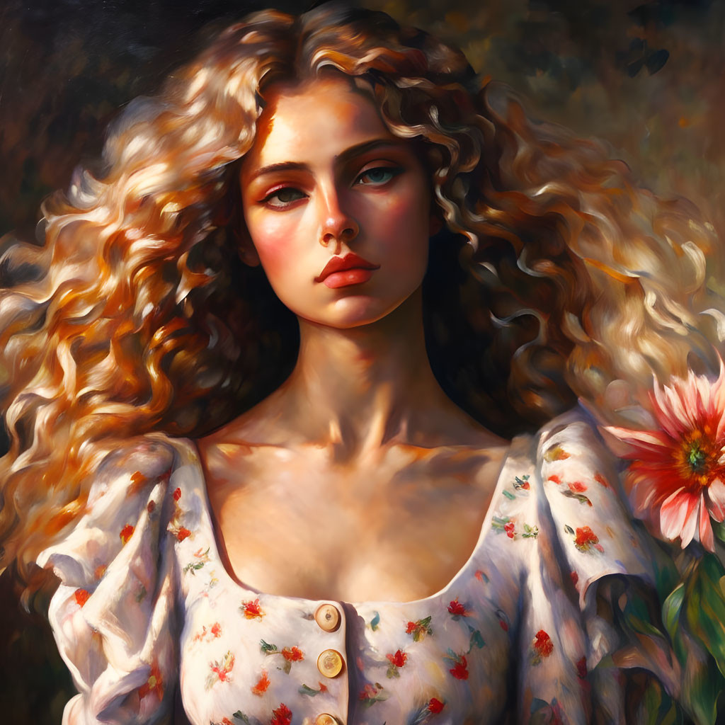 Portrait of woman with curly hair in floral dress and somber expression, next to a single flower