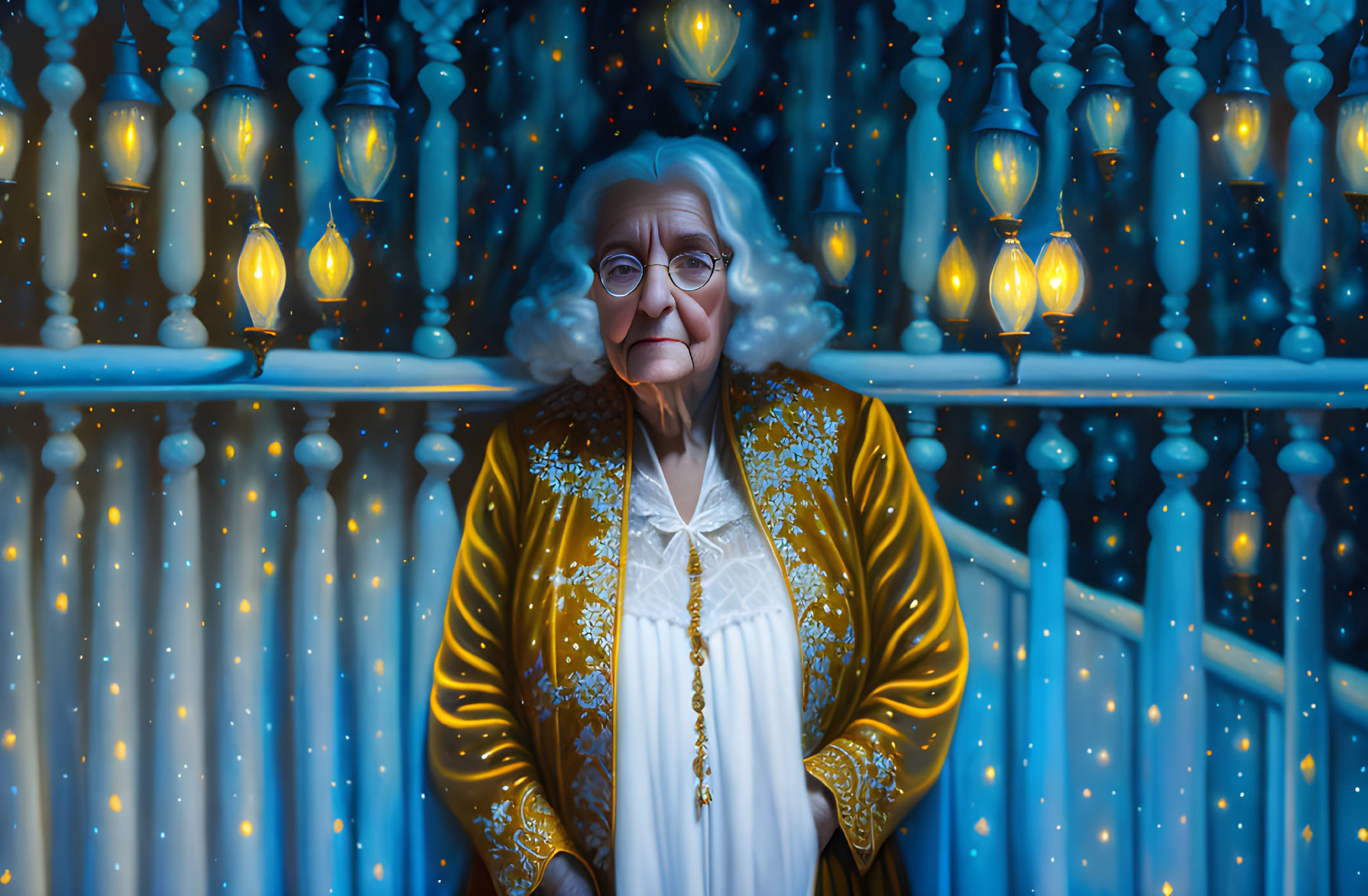 Elderly woman on balcony with lanterns and snowflakes