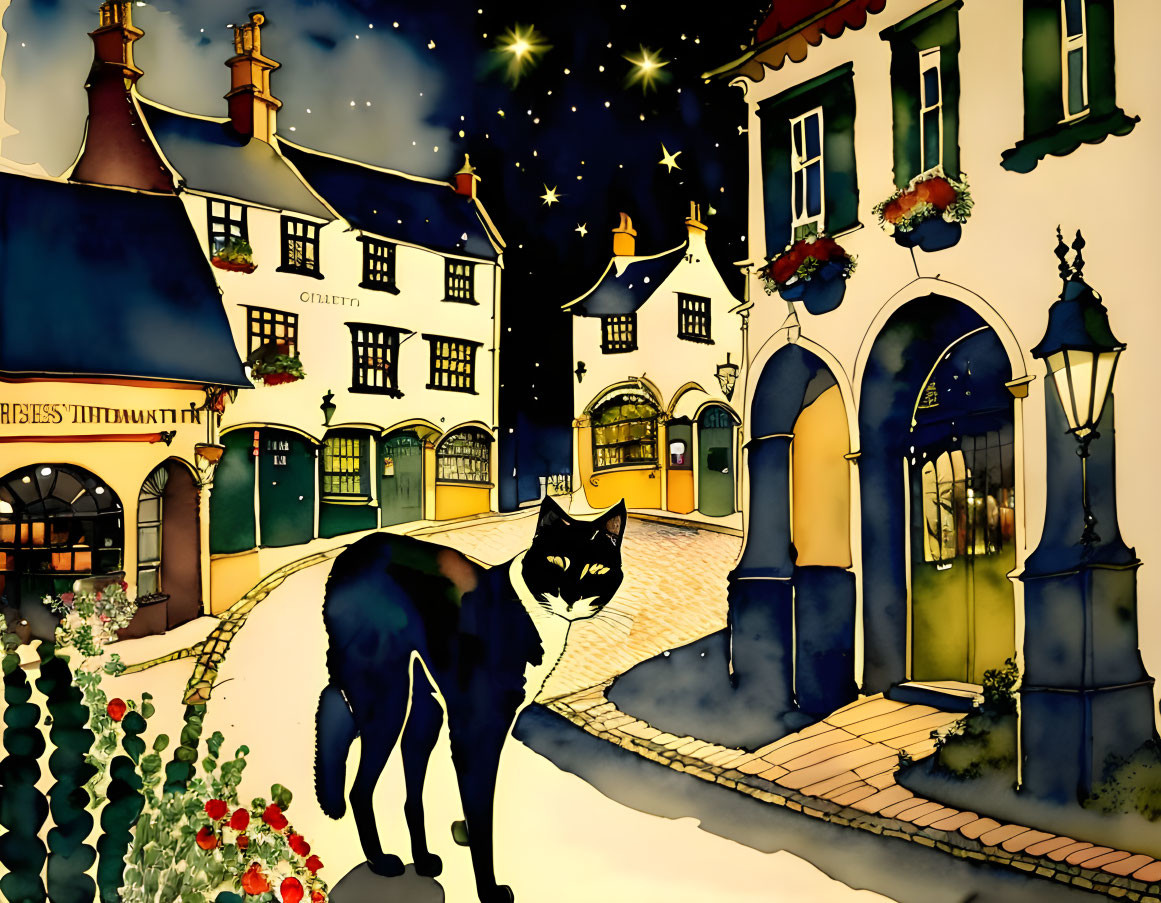 Stylized black cat in village at night with starry sky