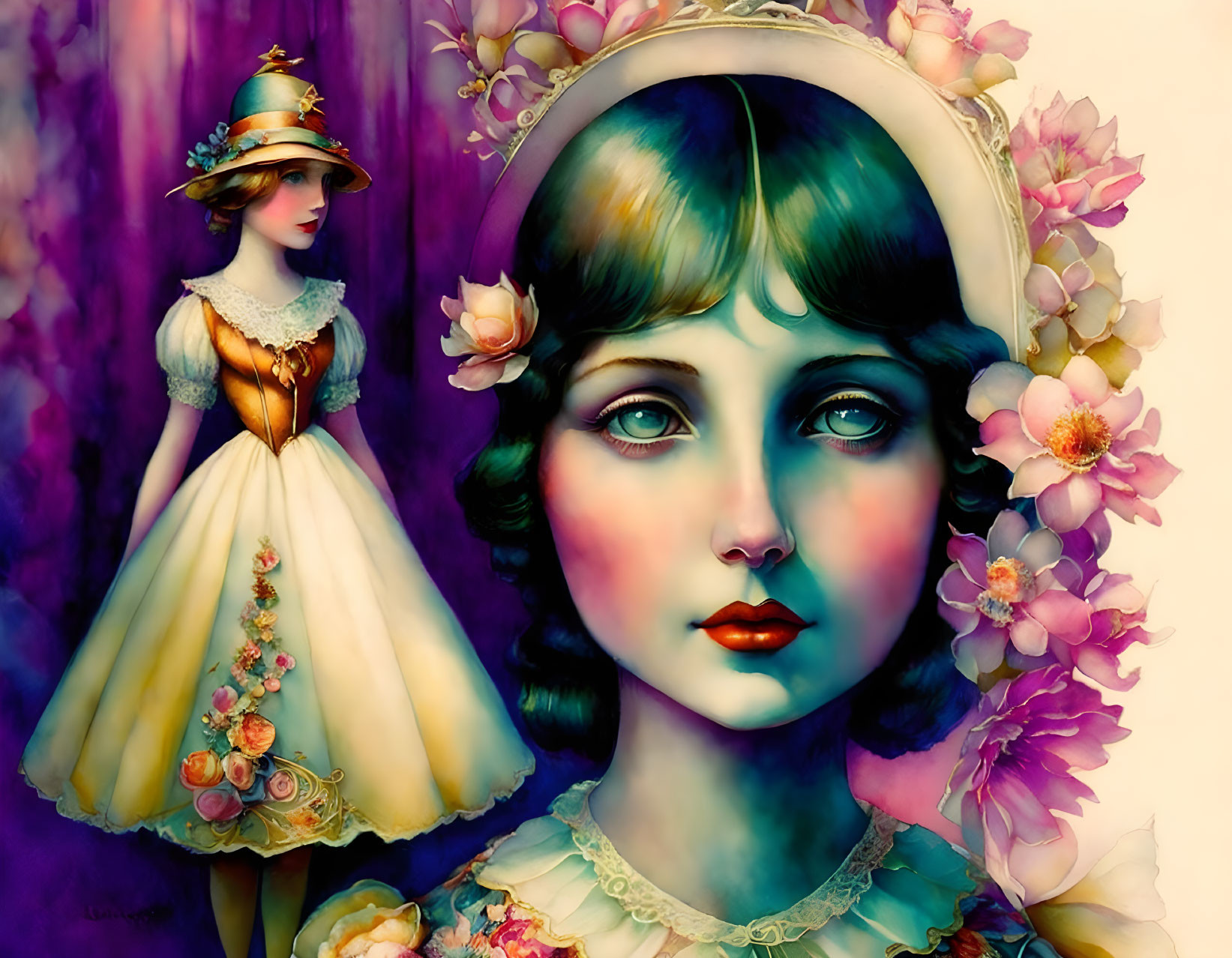 Stylized illustration of woman's portrait with expressive eyes and vintage attire adorned with vibrant flowers