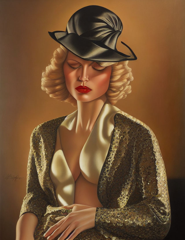 Stylized painting of woman with blonde curls in black hat and gold sequined jacket