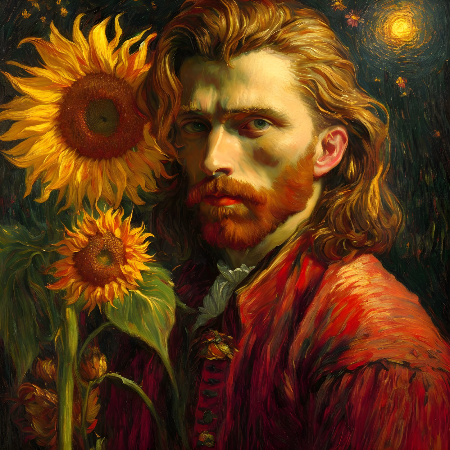 Man with Red Hair and Beard in Red Jacket Against Starry Background with Sunflowers