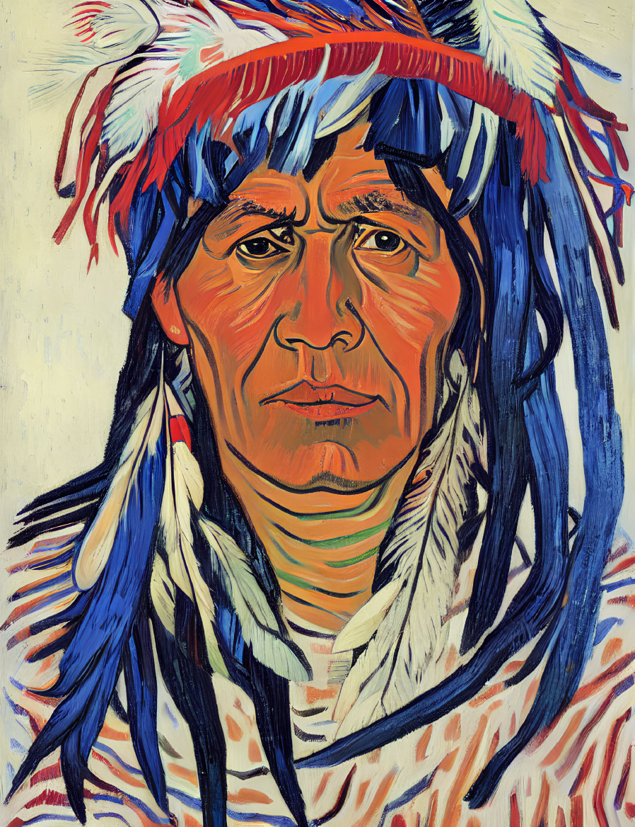 Detailed painting of individual with indigenous headdress and traditional facial markings