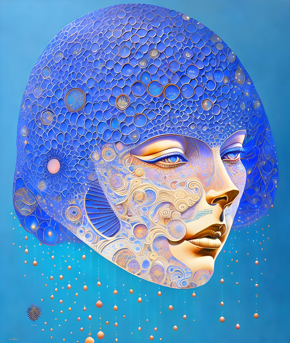 Surreal female figure with circular-patterned helmet in blue backdrop