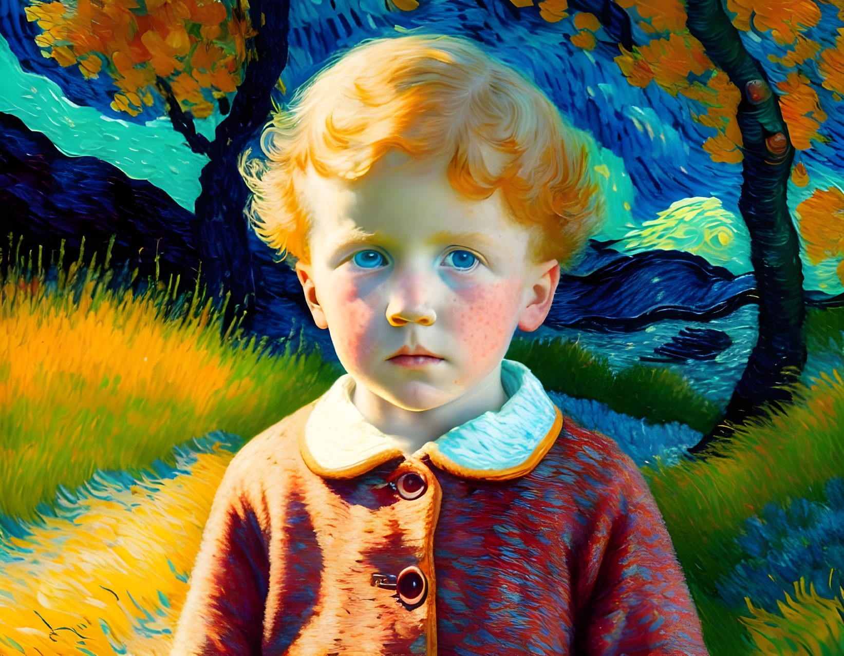 Young child with red hair and freckles in vibrant landscape.