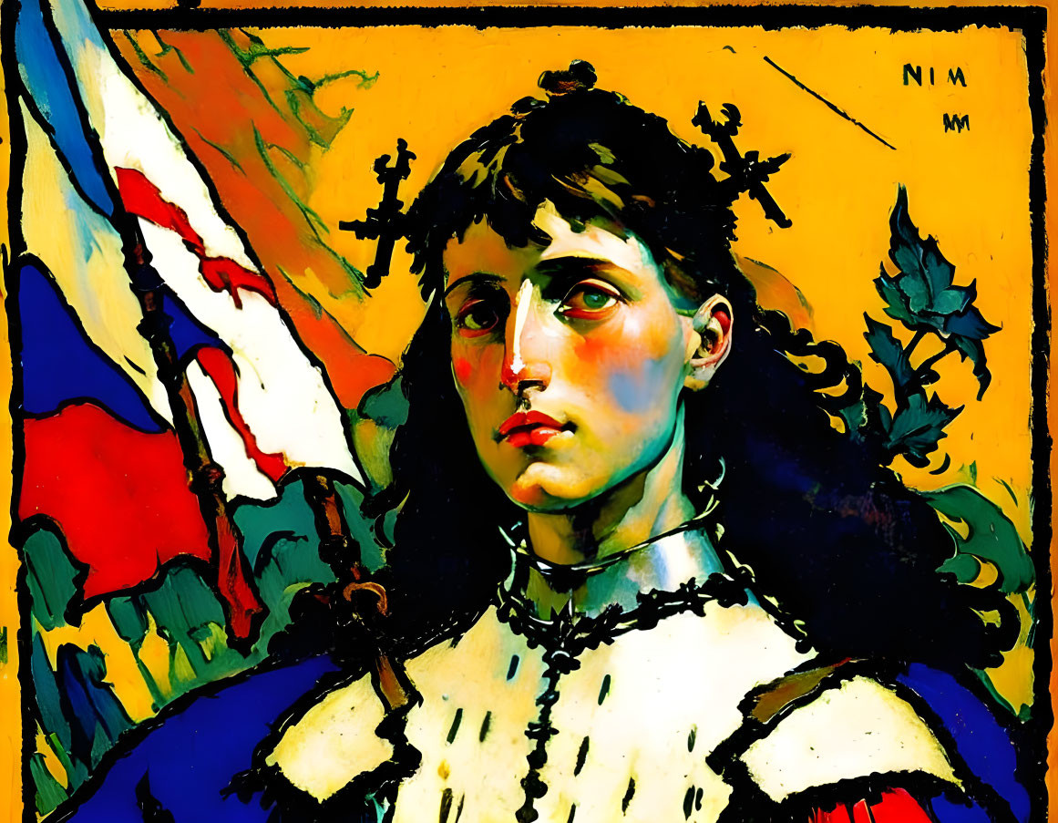 Woman in armor with solemn gaze amidst flags and horsemen.