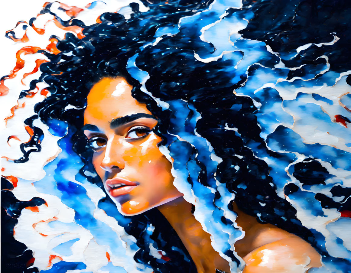 Vibrant portrait of a woman with curly hair in blue, black, white tones & orange accents