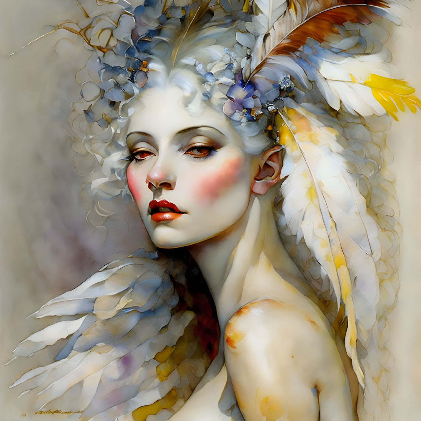 Person adorned with ethereal feathers and vibrant floral motifs.