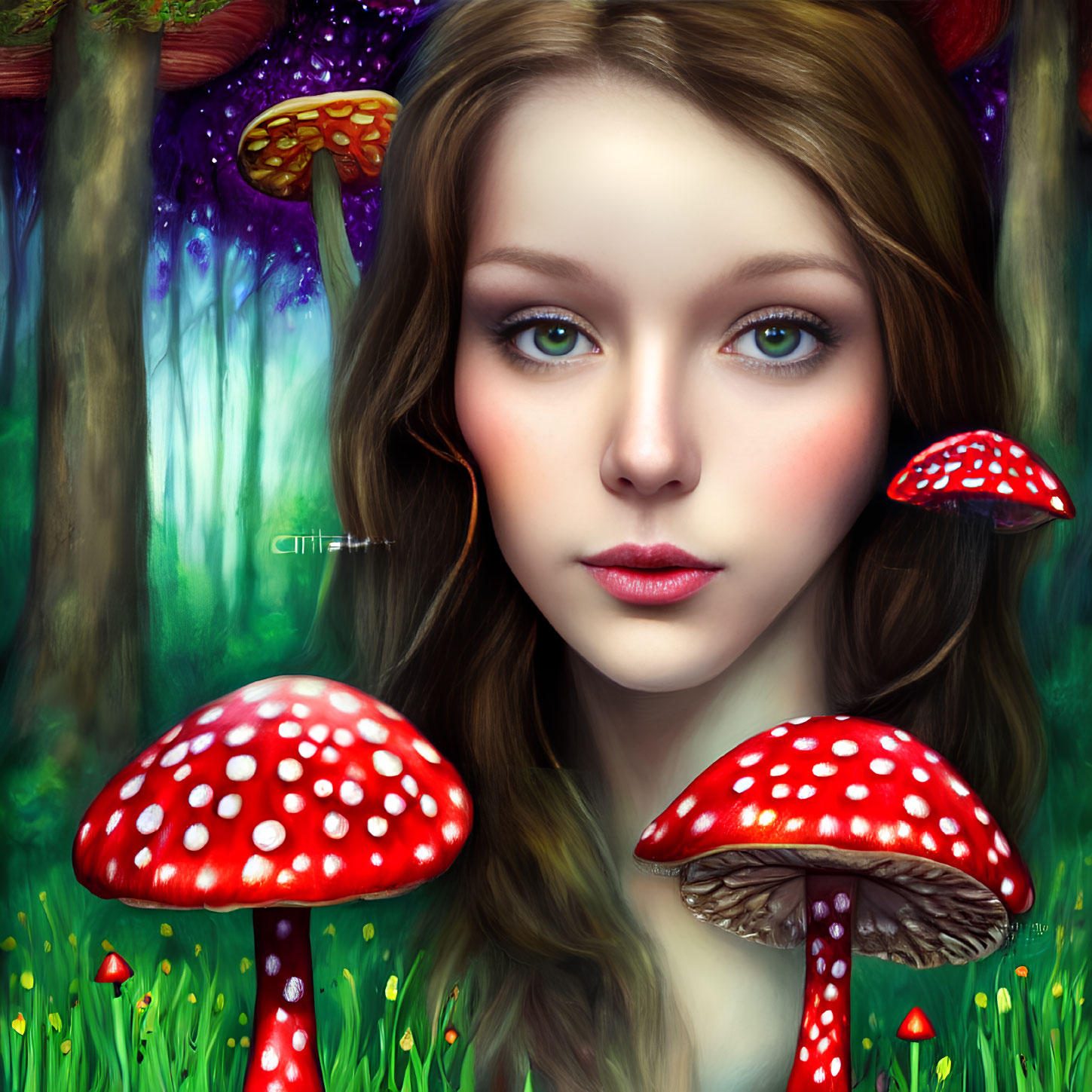 Digital art portrait of a woman with bright blue eyes in a whimsical forest setting with vibrant red mushrooms