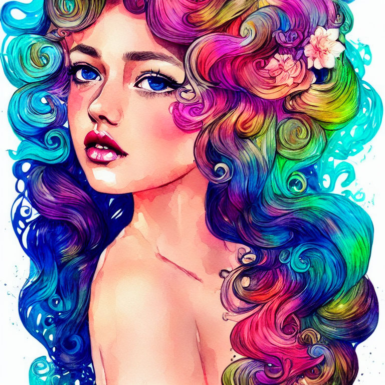 Vibrant woman illustration with colorful curly hair and floral adornments