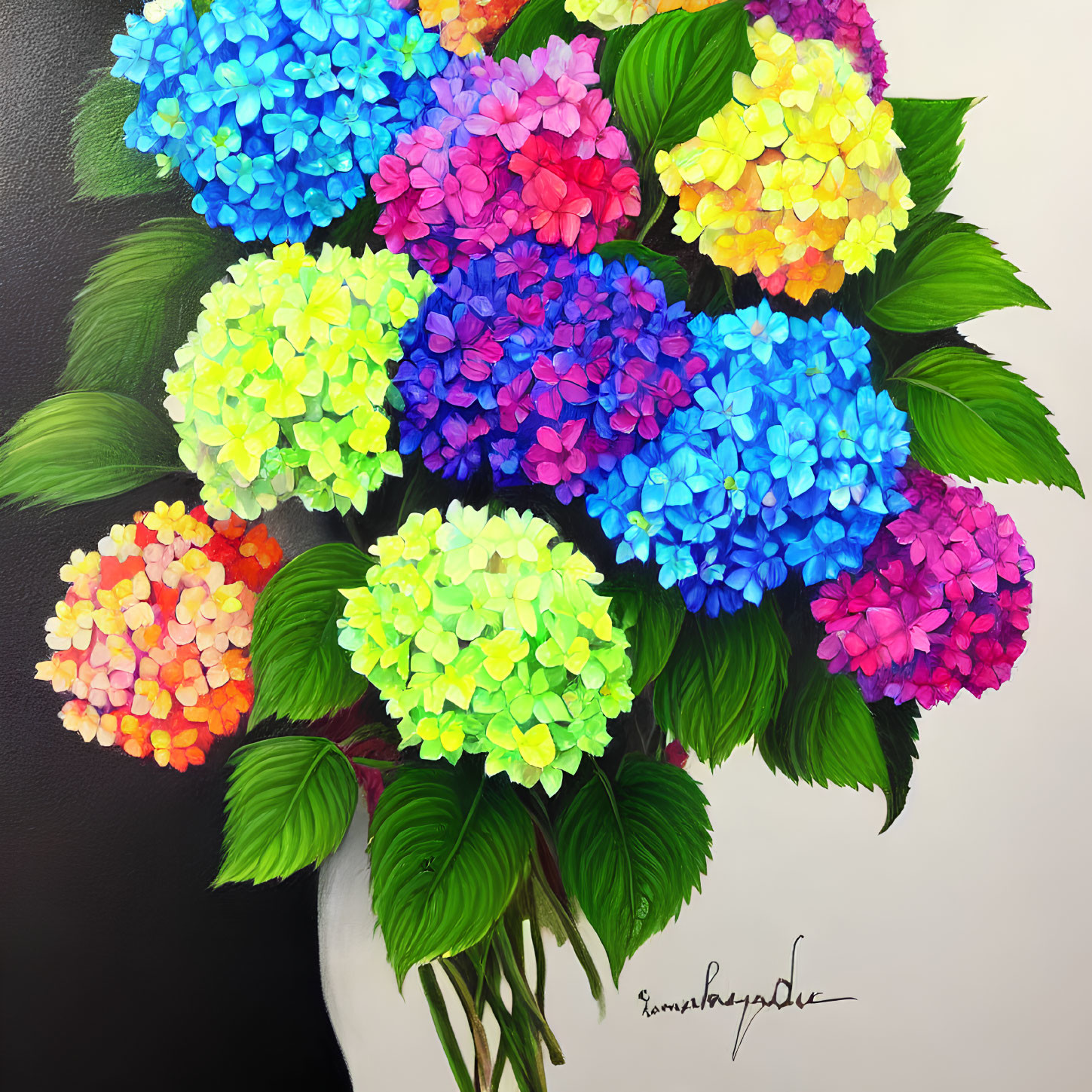 Multicolored hydrangea bouquet on black and white backdrop