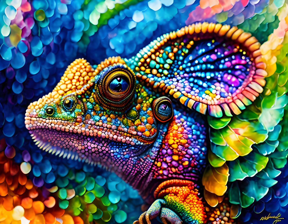 Colorful Chameleon Camouflaged in Multicolored Bokeh Background