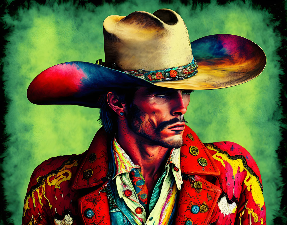 Colorful digital artwork: Man with mustache in sombrero & ornate jacket on green background