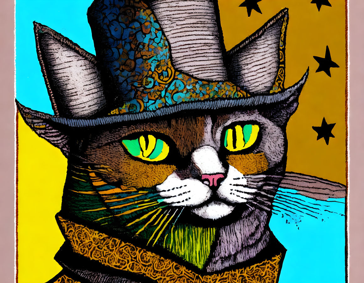 Stylized cat illustration with yellow eyes and top hat on blue-yellow star background